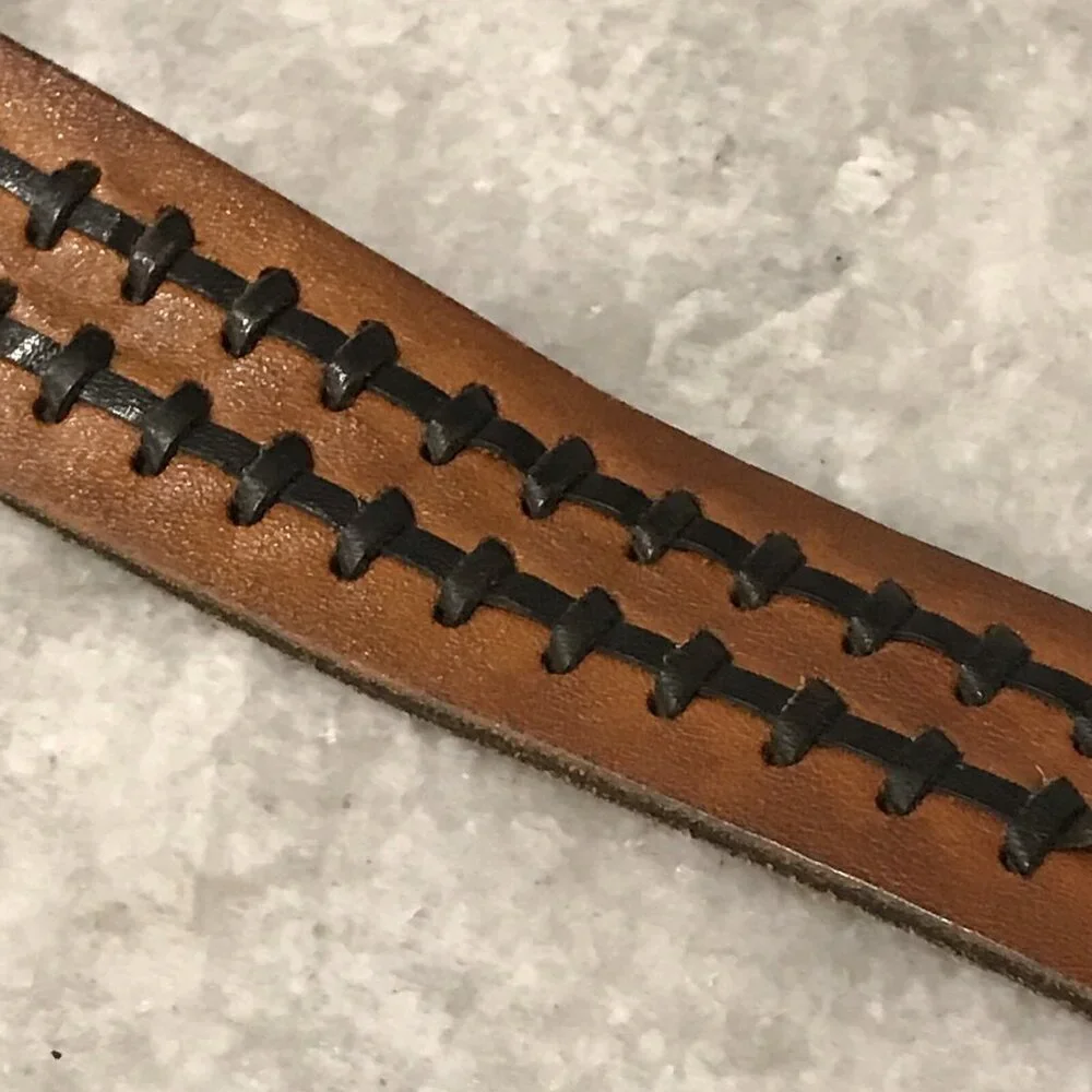 Vintage Leather Belt Mens 52 Brown Black Laced Woven Brass Buckle Western Cowboy